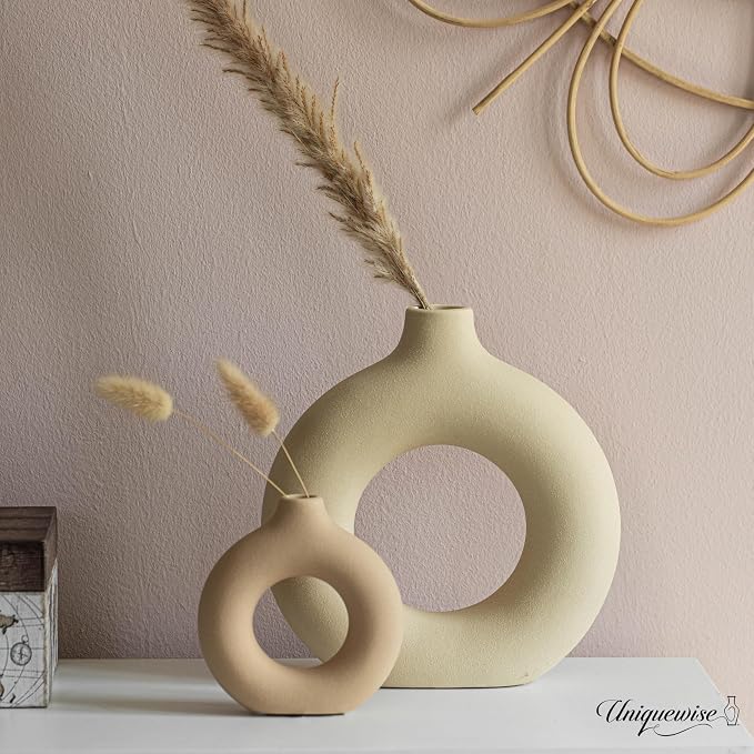 9-Inch Large and 5-Inch Small Decorative Hollow Ceramic Donut Table Vase - Handmade, Minimalist Boho Style for Modern Home Decor in Living Room, Home Office, Dining Room and Entryway Console Table - Image 5