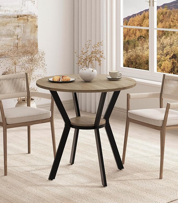 MECHYIN Round Dining Table, 31.5" Small Kitchen Table with Storage, Space Saving Dining Table, Rustic Wood Table with Metal Legs for Apartment, Dining Room & Kitchen Nook by MECHYIN