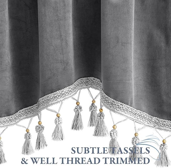 Grey Tassel Velvet Valances Curtains 52x18 Inch 2 Panels | Luxury Thick Tassel Tier Curtains for Windows, Privacy Elegant Home Decor for Kitchen, Bathroom, Rod Pocket - Image 4