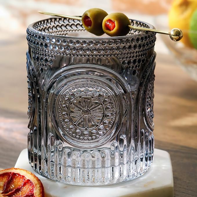 Ribbed Retro Arch Floral Smoke Grey Drinking Glasses Set of 6, (10 oz) Vintage Glassware Set by Kate Aspen| Cocktail Glass Set, Juice Glass, Water Cups | Hostess Gift & Present for New Home Owners by KateAspen