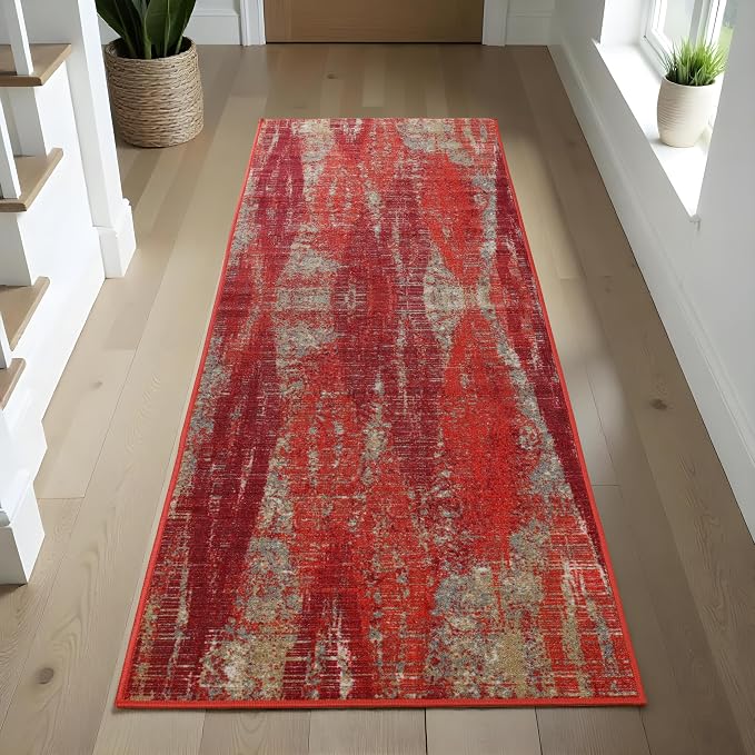 Superior Modern Indoor Runner Rug, Washable, Non-Skid Foam Backing, Floor Decor for Living Room, Bedroom, Entry, Mudroom, Washable Rugs, Abstract Brushstroke, Brayton Collection, 2' 7" x 8', Orange - Image 2