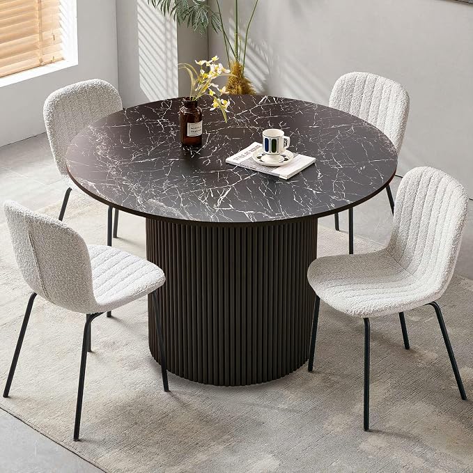 5 Piece Round Dining Table Set for 4, Mid Century Modern Faux Marble Kitchen Table and Chairs, Space-Saving Small Dinette Set (47 Inch Black Table+4 White Chairs) by SQPFTW