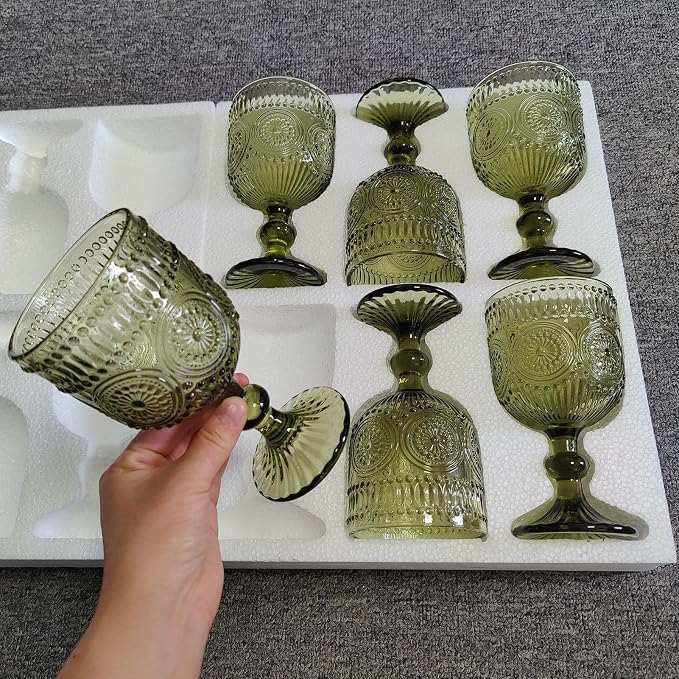 Taganov Green Wine Glasses Drinking Water Goblets set of 6 Vintage Colored Glassware 12 Ounces Sunflower Stemmed Cups for Wedding Party Bars Restaurants - Image 3