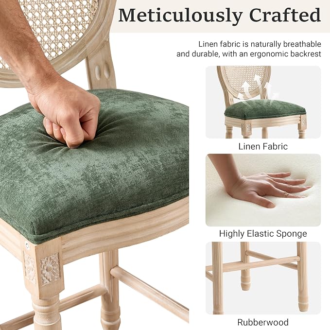 French Country Barstool, Linen Farmhouse Counter Height Chair | Set of 6, with Rattan Round Back and Solid Wood Legs, Oval Chairs for Restaurant, Bar, Kitchen, Café, Green - Image 5