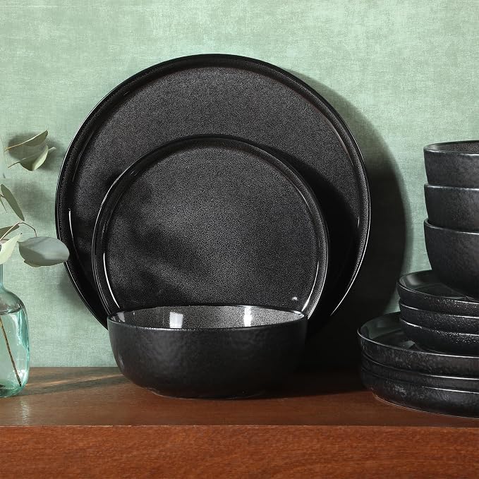 Gibson Elite Tahoe Sunset 12 Piece Stoneware Reactive Glaze (Service for 4) Ceramic Plates and Bowls Dinnerware Set - Black - Image 6