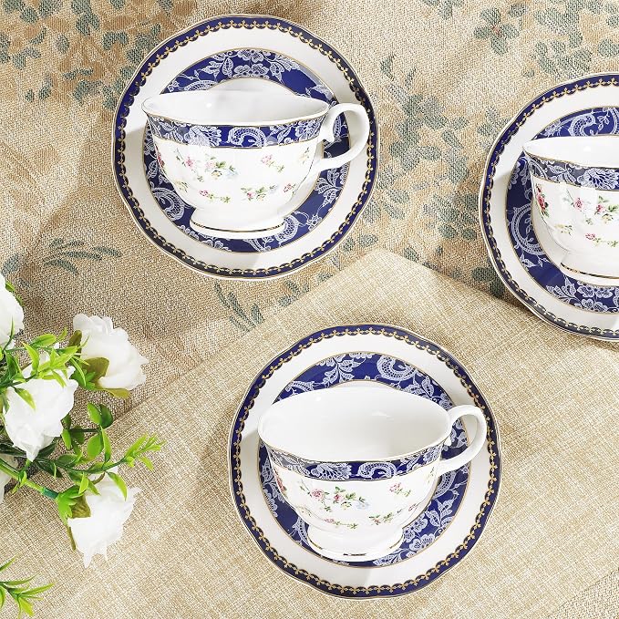 fanquare Bone China Tea Sets for Adults, 21-Piece Blue Lace and Roses Porcelain Tea Service with Sugar Bowl & Creamer, English Cremic Floral Teacups Set of 6 for Women Tea Party | Porcelain Tea Service with Sugar Bowl and Creamer, English Floral Cerami... - Image 5