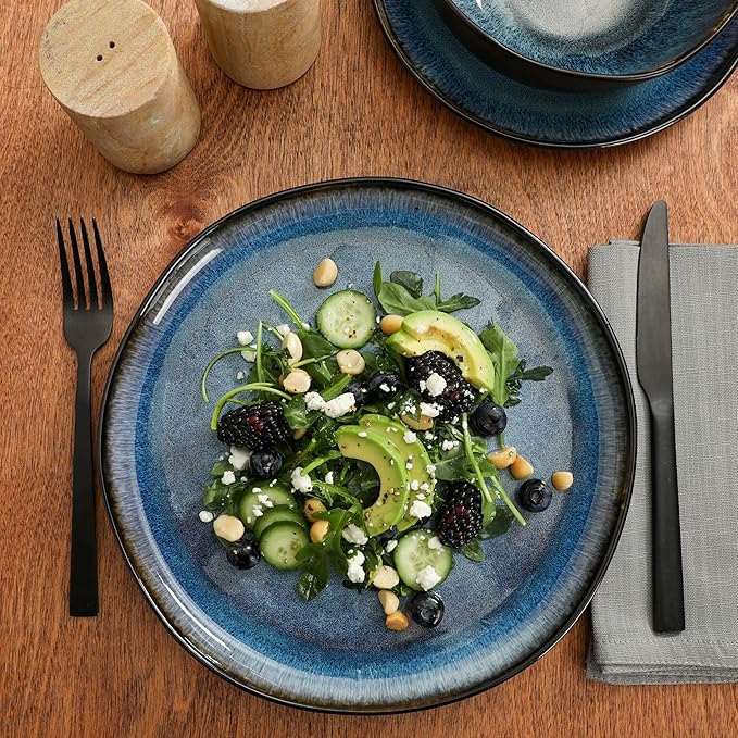 Gibson Elite Nardini 12 Piece (Service for 4) Plates and Bowls Reactive Glaze Dishes Stoneware Ceramic Dinnerware Set - Black and Blue - Image 4