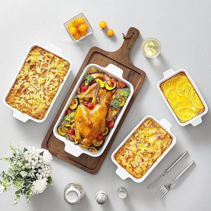 MALACASA Casserole Dishes for Oven, Ceramic Baking Dishes Set of 4, White | Rectangular Deep Lasagna Pans with Handles for Roasting Vegetable, Cake, Durable Bakeware, Wedding Gift(9.4/11.1/12.2/14.7") - Image 6
