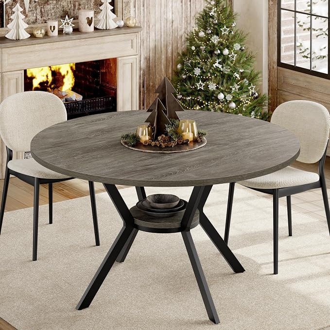 Round Dinner Table for 2-4, 42 Inch Kitchen & Dining Room Table with Storage, Wooden Circle Dining Table, Mid Century Modern Dining Table with Metal Legs for Kitchen, Living Room, Dining Room, Grey - Image 9