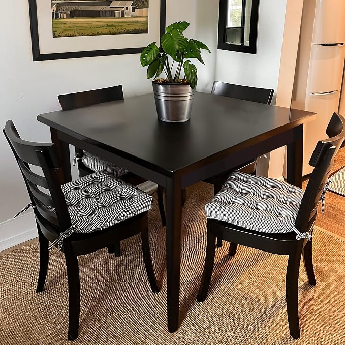 Barnett Home Decor Madrid Black Dining Chair Pad with Ties - 15 x 17 Size Small Chair Cushion - Latex Foam Fill - Machine Washable, 100% Cotton, Made in USA (Black White Gingham Check) - Image 2