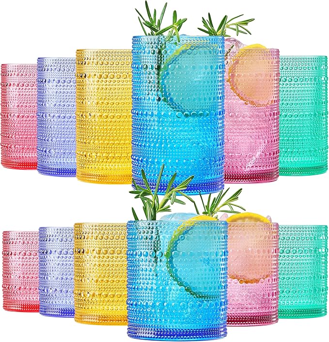 Khen Plastic Hobnail Drinking Glasses Set of 12 Bright Tones Cups 6x 10oz Lowball & 6x 1oz Highball Acrylic Beaded Design, BPA-Free, Dishwasher Safe Indoor/Outdoor Drinkware Water, Juice, Cocktails by Khen