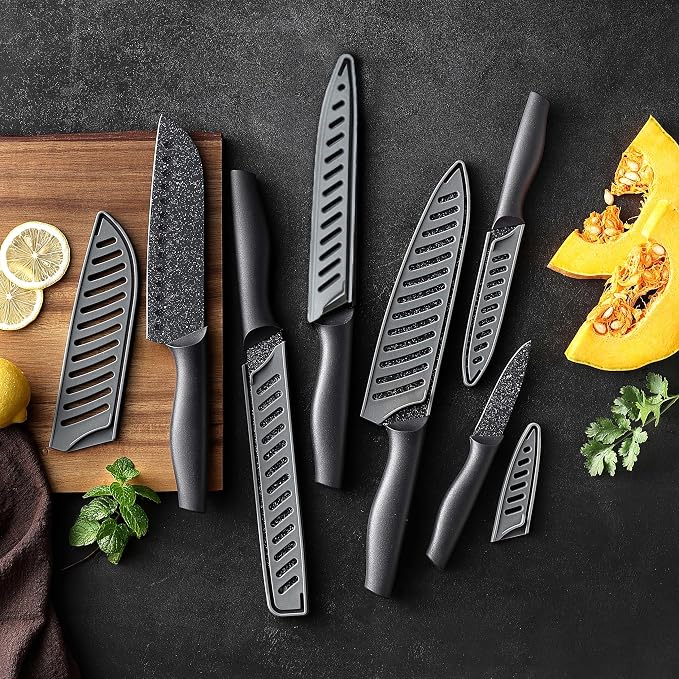 Marco Almond Kitchen Knife Set 12 PC Chef Knife Set Black | 6 Knives with 6 Blade Guards, Stainless Steel Knives Set for Kitchen, Anti-Rust,Ergonomic Handle,Full Tang,Gift Box - Image 9