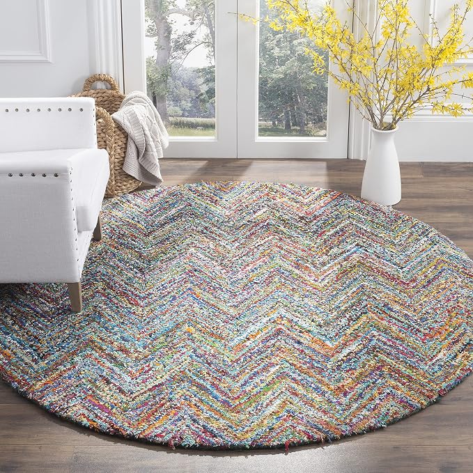 SAFAVIEH Nantucket Collection 4' x 4' Round Blue/Multi NAN141C Handmade Modern Abstract Chevron Cotton Area Rug by Unknown