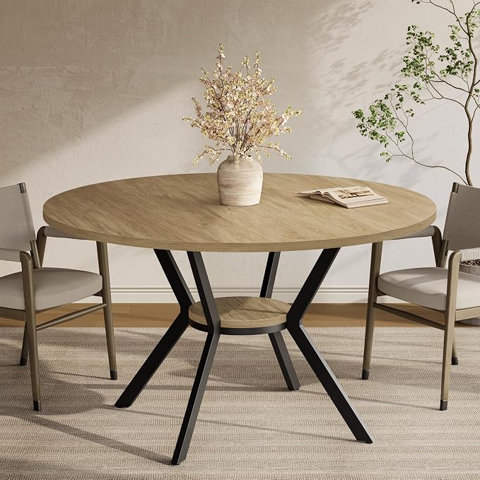 MECHYIN 42'' Round Dining Table for 2–4, Farmhouse Round Kitchen Table with Storage Shelf, Pedestal Dinner Table, Wood Top & Metal Base, Small Space Table for Apartment, Dining Room, Light Oak by MECHYIN