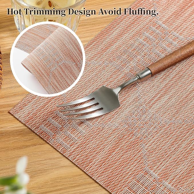 Leetaltree Coral Placemats Set of 8 - Heat Resistant Non-Slip Place mats for Dining Table, Washable Durable PVC Vinyl Woven Table Mats（Coral, 8） - Image 3