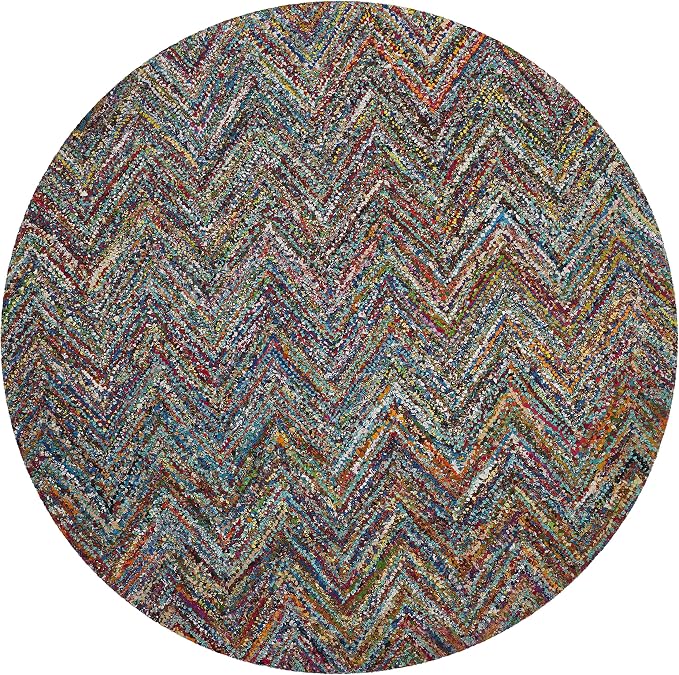 SAFAVIEH Nantucket Collection 6' Round Blue/Multi NAN141C Handmade Modern Abstract Chevron Cotton Area Rug - Image 2
