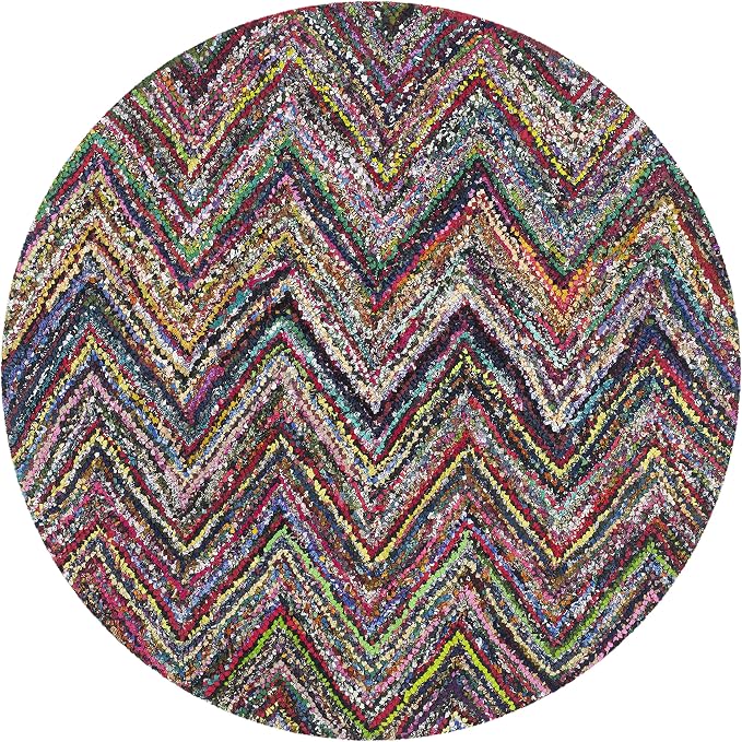 SAFAVIEH Nantucket Collection 4' x 4' Round Blue/Multi NAN141C Handmade Modern Abstract Chevron Cotton Area Rug - Image 2