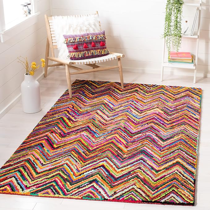 SAFAVIEH Nantucket Collection Accent Rug - 3' x 5', Pink & Multi, Handmade Modern Abstract Chevron Cotton, Ideal for High Traffic Areas in Entryway, Living Room, Bedroom (NAN141A) by Unknown