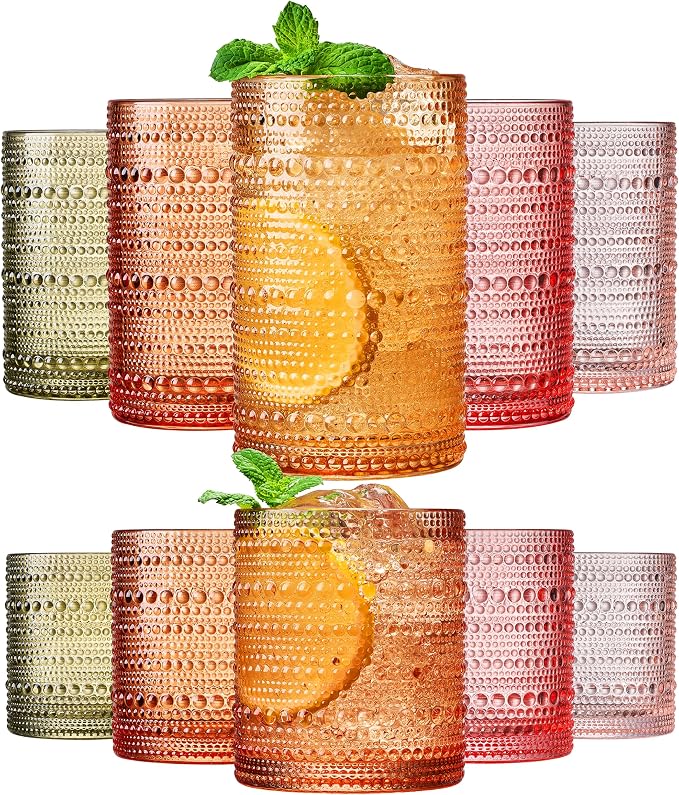 Hobnail Beaded Highball Drinking Tumbler Glasses | Set of 10 | Color, Vintage Bubble Design Whiskey Glassware, Old-Fashioned, Embossed Design, Water, Wine, Cocktail Embossed Heavy Glass, Rocks Glass by Khen