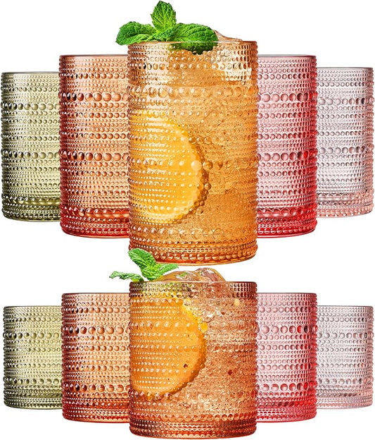 Hobnail Beaded Highball Drinking Tumbler Glasses | Set of 10 | Color, Vintage Bubble Design Whiskey Glassware, Old-Fashioned, Embossed Design, Water, Wine, Cocktail Embossed Heavy Glass, Rocks Glass by Khen