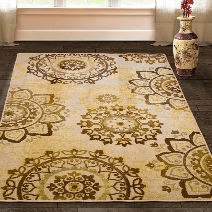 Superior Indoor Non-Slip Area Rug, Farmhouse Floor Decor, Floral Medallion for Living Room, Bedroom, Office, Kitchen, Dining, Washable Rugs, Foam Back, Liena Collection, 8' x 10', Cream by SUPERIOR