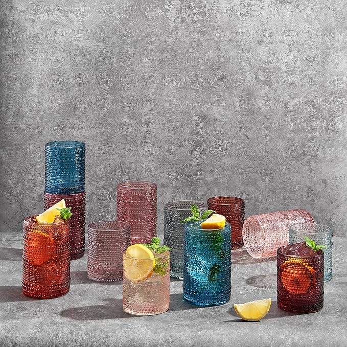 Beaded Hobnail Drinking Glasses Set | Set of 12 | 6x Tumbler 11 OZ + 6x Highball 12 OZ Bubble Design Whiskey Glassware, Old-Fashioned, Embossed Design Glass for Water, Wine, Cocktail HAND WASH ONLY - Image 2