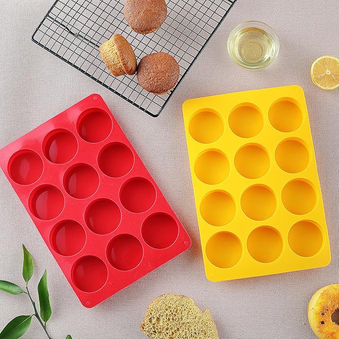2PCS Silicone Cookie Chocolate Molds, Vituer 12-Cavity Round Silicone Baking Mold for Oreo, Candy, Chocolate, Cookie, Mini Cake and Jelly, Dishwasher Safe (Red+ Orange)
