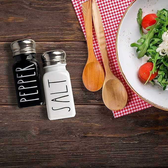 Salt and Pepper Shakers Set by Brighter Barns - Cute Modern Farmhouse Kitchen Decor for Home Restaurants Wedding - Gorgeous Vintage Glass Black White Shaker Sets with Stainless Steel Lids - Image 8