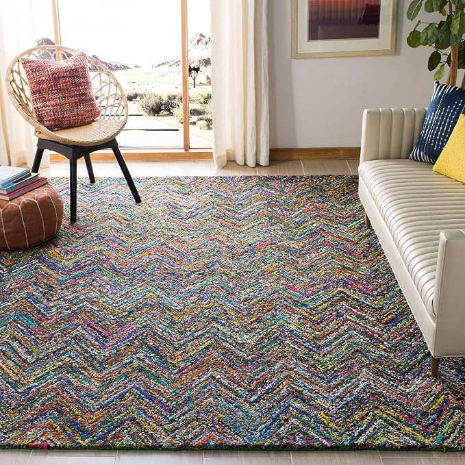 SAFAVIEH Nantucket Collection 8' x 10' Blue/Multi NAN141C Handmade Modern Abstract Chevron Cotton Area Rug by Unknown