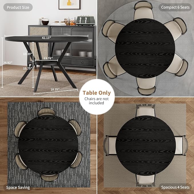 Black Dining Table for 2-4, 42 Inch Round Kitchen Table with Storage, Wooden Circle Dinner Table with Metal Legs, Rustic Mid Century Modern Dining Room Tables for Kitchen, Living Room, Dining Room - Image 5