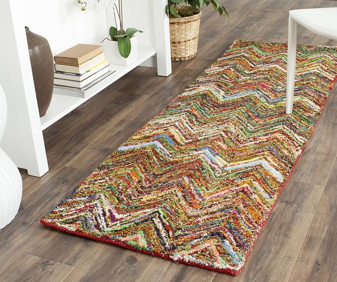 SAFAVIEH Nantucket Collection Runner Rug - 2'3" x 8', Red & Blue & Multi, Handmade Modern Abstract Chevron Cotton, Ideal for High Traffic Areas in Living Room, Bedroom (NAN141B) by SAFAVIEH