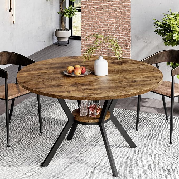 MECHYIN Round Dining Table for 2-4, 42 Inch Wood Kitchen & Dining Room Tables with Storage, Circle Dinner Table with Metal Legs, Space Saving Small Table for Dining Room, Kitchen, Rustic Brown by MECHYIN