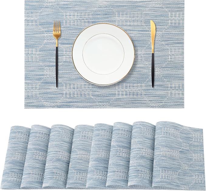 Leetaltree Jacquard Blue Placemats Set of 8 - Heat Resistant Non-Slip Place mats for Dining Table, Washable Durable PVC Vinyl Woven Table Mats(Jacquard Blue, 8) by Leetaltree-ArtatEveryTable