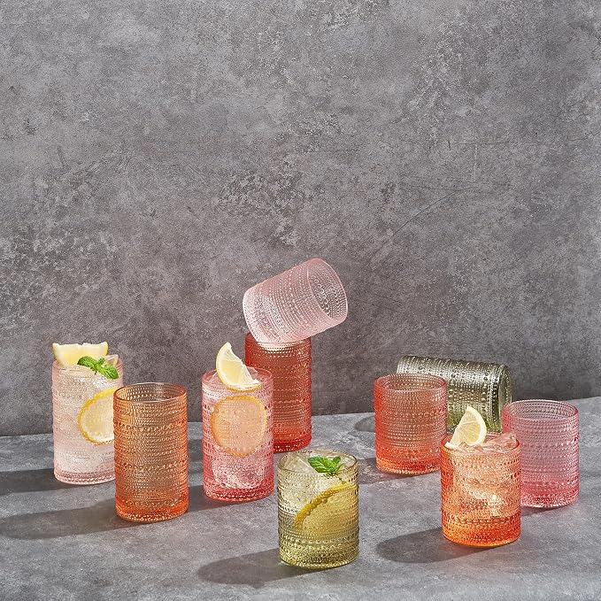 Hobnail Beaded Highball Drinking Tumbler Glasses | Set of 10 | Color, Vintage Bubble Design Whiskey Glassware, Old-Fashioned, Embossed Design, Water, Wine, Cocktail Embossed Heavy Glass, Rocks Glass - Image 6
