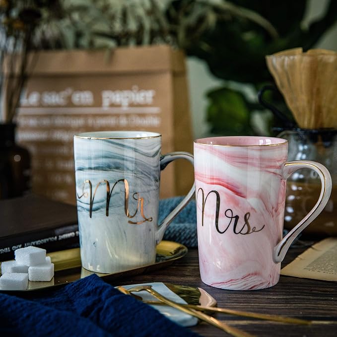 Jumway Wedding Gifts for Bride and Groom, Gifts for Bridal Shower Engagement Wedding and Married Couples Anniversary - Ceramic Marble Coffee Mugs with Real Gold Mr/Mrs Letters 14 Oz Pink - Image 8