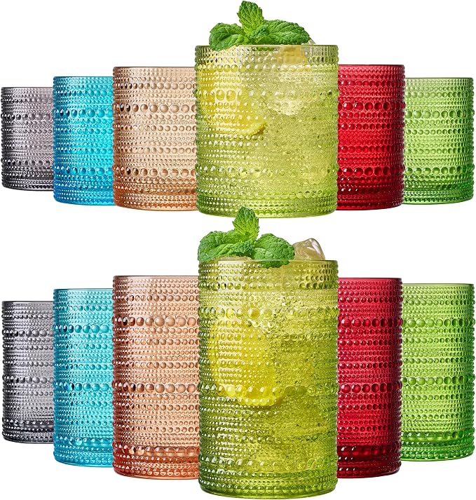Khen Hobnail Beaded Highball Drinking Tumbler Glasses | Set of 12 | Autumn Colors Vintage Bubble Design Whiskey Glassware, Old-Fashioned, Embossed Design Water, Wine, Cocktail Rocks Glasses by Khen