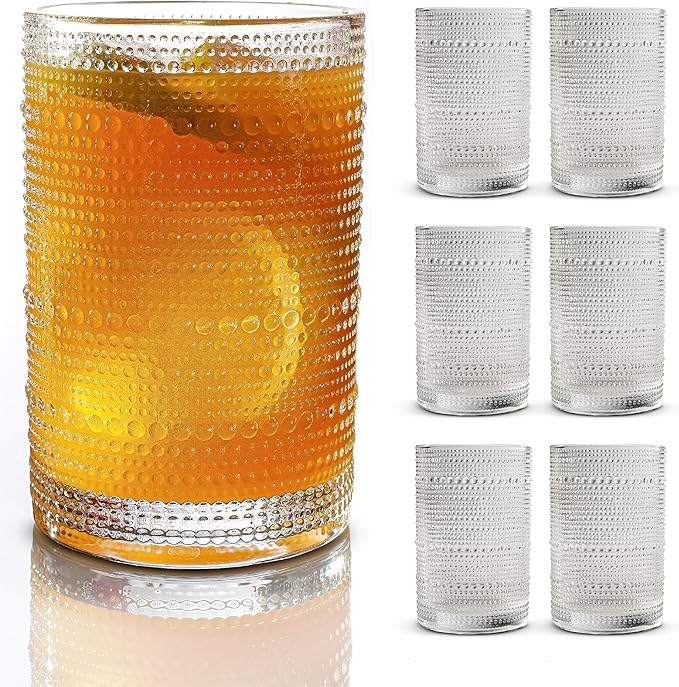 Hobnail Drinking Glasses, Vintage Glassware Set of 6, Vintage Drinking Glasses 16.2 oz, Bubble Glasses Drinking, Hobnail Glasses, Vintage Glass Cups, Jupiter Glasses for Juice, Soda, Beer, Whisky by BULK+PARADISE