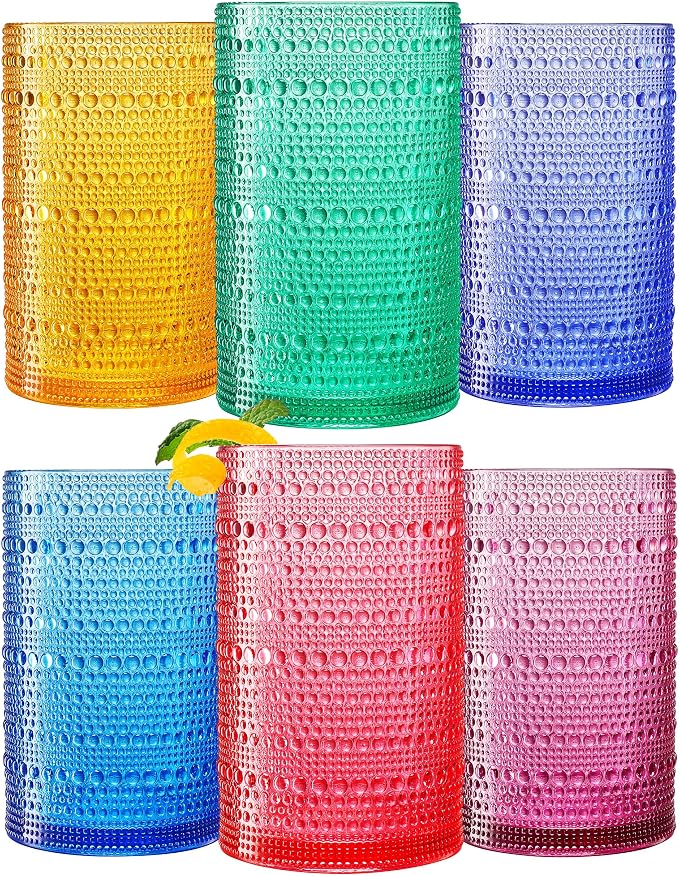 Khen Plastic Hobnail Drinking Highball Glasses Set of 6 Bright Tones Cups 14oz, Shatterproof & Unbreakable Acrylic Beaded Design, BPA-Free, Dishwasher Safe Indoor/Outdoor Drinkware Water, Cocktails by Khen