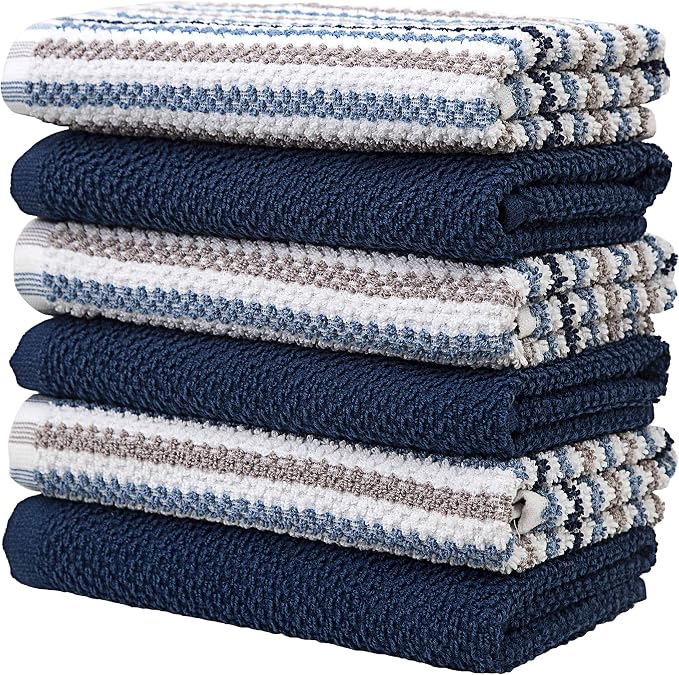Premium Kitchen Towels (16”x 26”, 12 Pack) | Large Cotton Kitchen Hand Towels | Popcorn Striped Design | Dish Towels | 430 GSM Highly Absorbent Tea Towels Set with Hanging Loop | Blue - Image 4