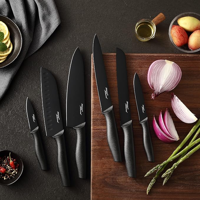 Marco Almond Kitchen Knife Set 12PC Kitchen Knives Set w Covers Black | 6 Knives with 6 Blade Guards, Stainless Steel Knives Set for Kitchen, Anti-Rust,Ergonomic Handle,Full Tang,Gift Box - Image 8
