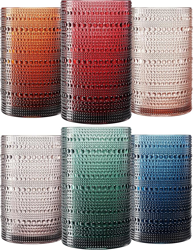 Khen Plastic Hobnail Drinking Highball Glasses Set of 6 Neutral Tones Cups 14oz, Shatterproof & Unbreakable Acrylic Beaded Design, BPA-Free, Dishwasher Safe Indoor/Outdoor Drinkware Water, Cocktails by Khen