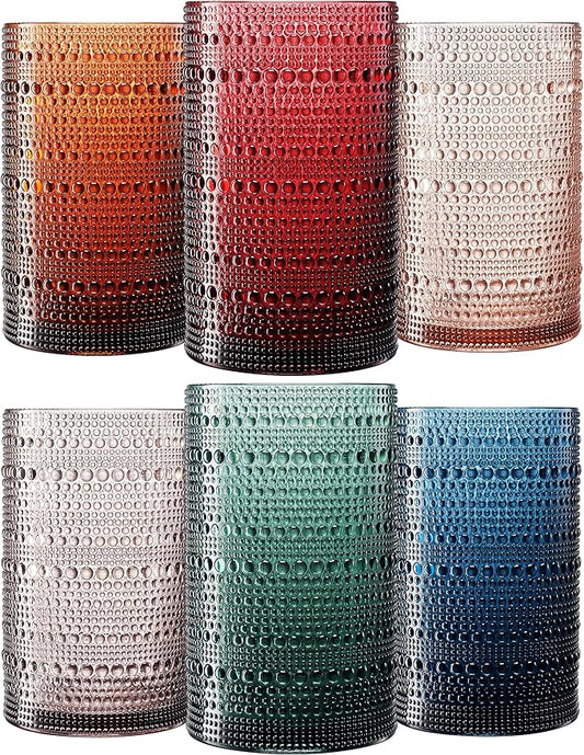 Khen Plastic Hobnail Drinking Highball Glasses Set of 6 Neutral Tones Cups 14oz, Shatterproof & Unbreakable Acrylic Beaded Design, BPA-Free, Dishwasher Safe Indoor/Outdoor Drinkware Water, Cocktails by Khen