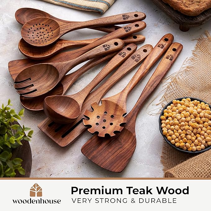 Wooden Spoons for Cooking, 10 Pcs Teak Wood Utensil Set for Nonstick | Durable, Heat Resistant & Food-Safe with Ergonomic Handles – Woodenhouse Kitchen Cookware - Image 3