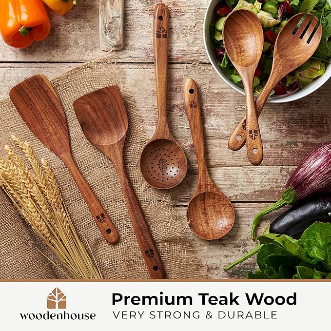 Wooden Spoons for Cooking, Teak Wood Kitchen Utensil Set – Multipack | Comfortable Grip, Non-Stick, Food-Safe & Easy to Clean Natural Cookware - Image 2