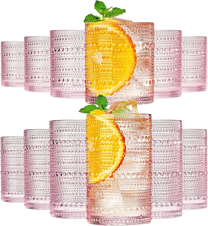 Khen Hobnail Beaded Highball Drinking Tumbler Glasses | Set of 12 | Pink Blush Color, Vintage Bubble Design Whiskey Glassware, Old-Fashioned, Embossed Design for Water, Wine, Cocktail, Rocks Glass by Khen