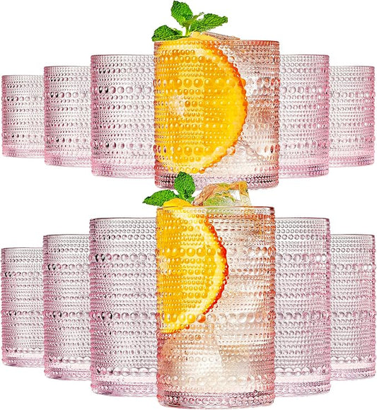 Khen Hobnail Beaded Highball Drinking Tumbler Glasses | Set of 12 | Pink Blush Color, Vintage Bubble Design Whiskey Glassware, Old-Fashioned, Embossed Design for Water, Wine, Cocktail, Rocks Glass by Khen