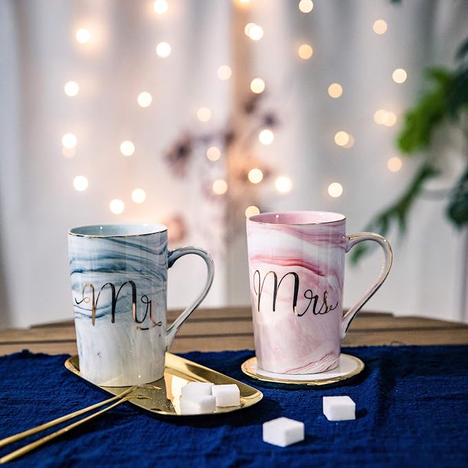 Jumway Wedding Gifts for Bride and Groom, Gifts for Bridal Shower Engagement Wedding and Married Couples Anniversary - Ceramic Marble Coffee Mugs with Real Gold Mr/Mrs Letters 14 Oz Pink - Image 3