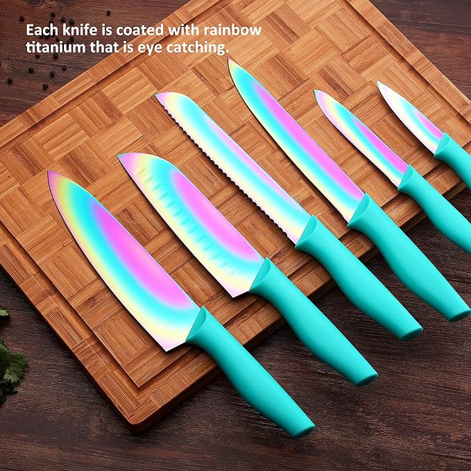 Marco Almond Kitchen Knife Set 12PC Rainbow Steel Knife Set w Cover | 6 Knives with 6 Blade Guards,Rainbow Stainless Steel Knives Set for Kitchen, Anti-Rust,Ergonomic Handle,Full Tang,Gift Box - Image 7