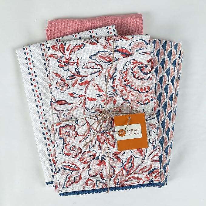 TARAN LIVING Printed Kitchen Dish Bar and Tea Towels Cotton, 18x28 inch with Trims, Cotton Dish Towel Sets (White & Peach, Set of 4) - Image 4