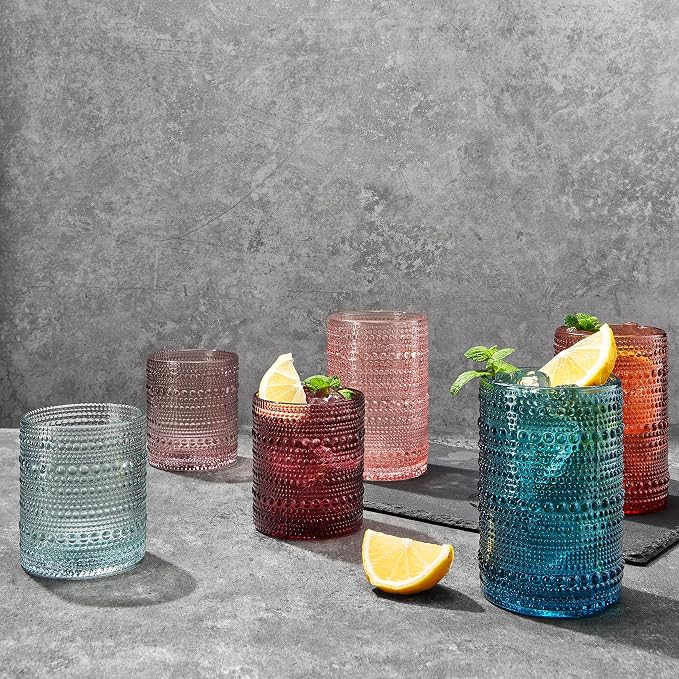 Beaded Hobnail Drinking Glasses Set | Set of 12 | 6x Tumbler 11 OZ + 6x Highball 12 OZ Bubble Design Whiskey Glassware, Old-Fashioned, Embossed Design Glass for Water, Wine, Cocktail HAND WASH ONLY - Image 3